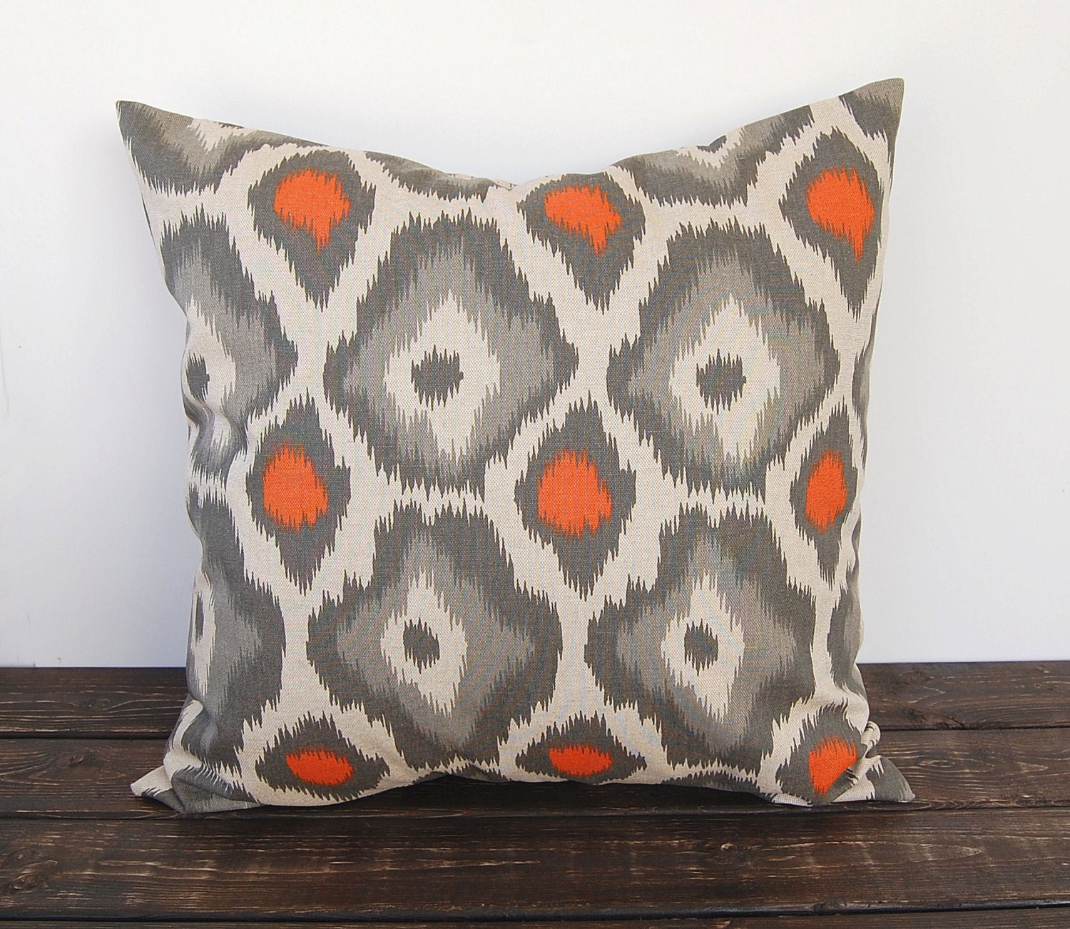 Ikat Pillow cover 16" x 16" one orange gray and oatmeal cushion cover decorative throw pillow covers peacock modern pillow