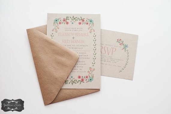 Wedding Invitation / / Rustic & Modern Kraft Paper Invitation / / Pink, Peach and Teal Il_570xn