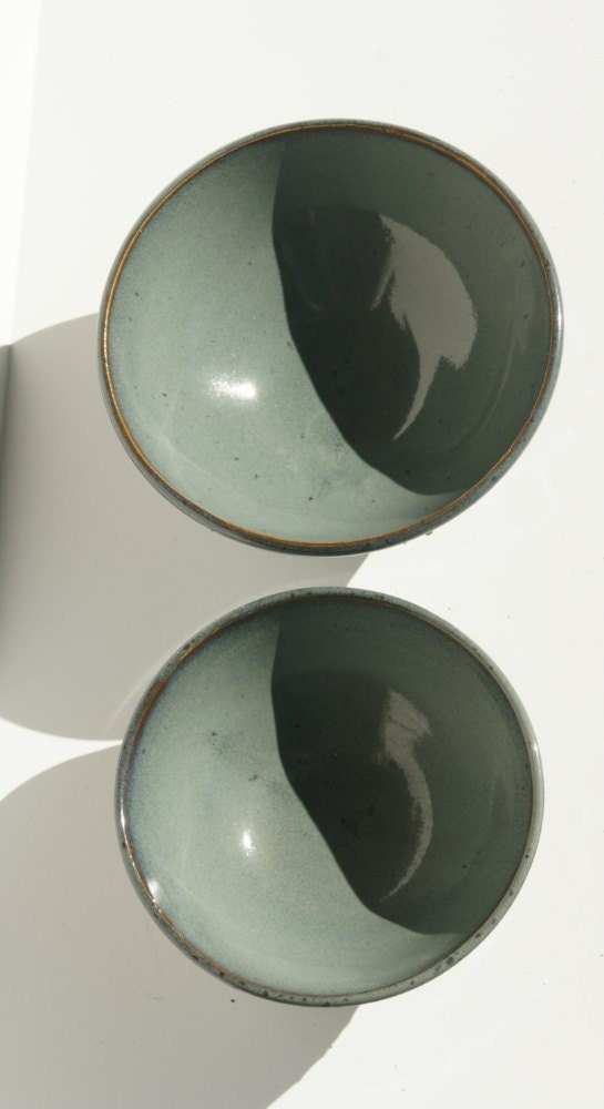 Pair Green Nesting Bowls with Vine Slip Trailing design - Hand thrown, stoneware pottery - muddywaterscc