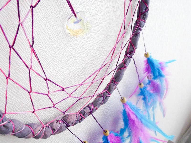 Dream Catcher - Half Moon - With Sparkling Crystal Prism and Turquoise, Pink Feathers - Home Decor, Nursery Mobile