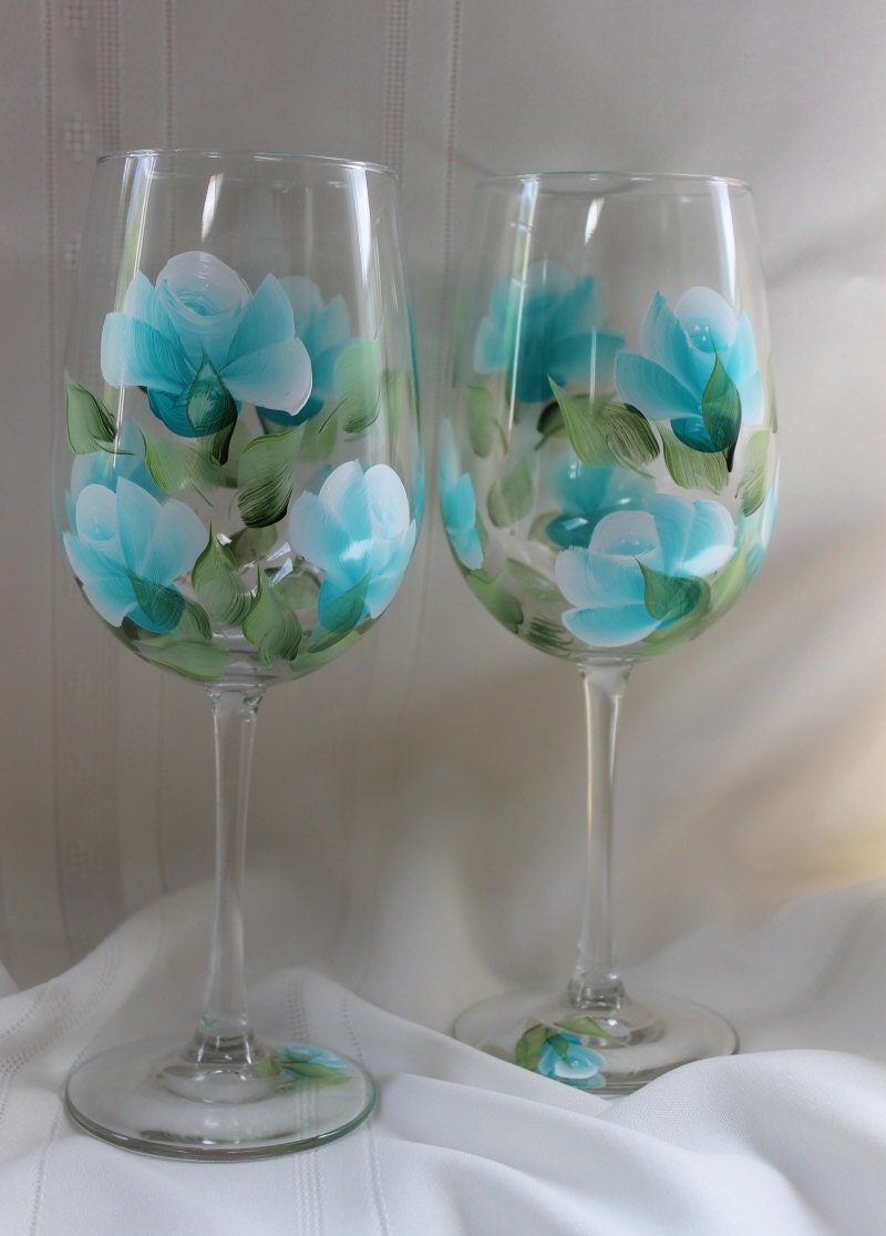 Hand Painted Wine Glasses Teal Roses by SilkEleganceFlorals