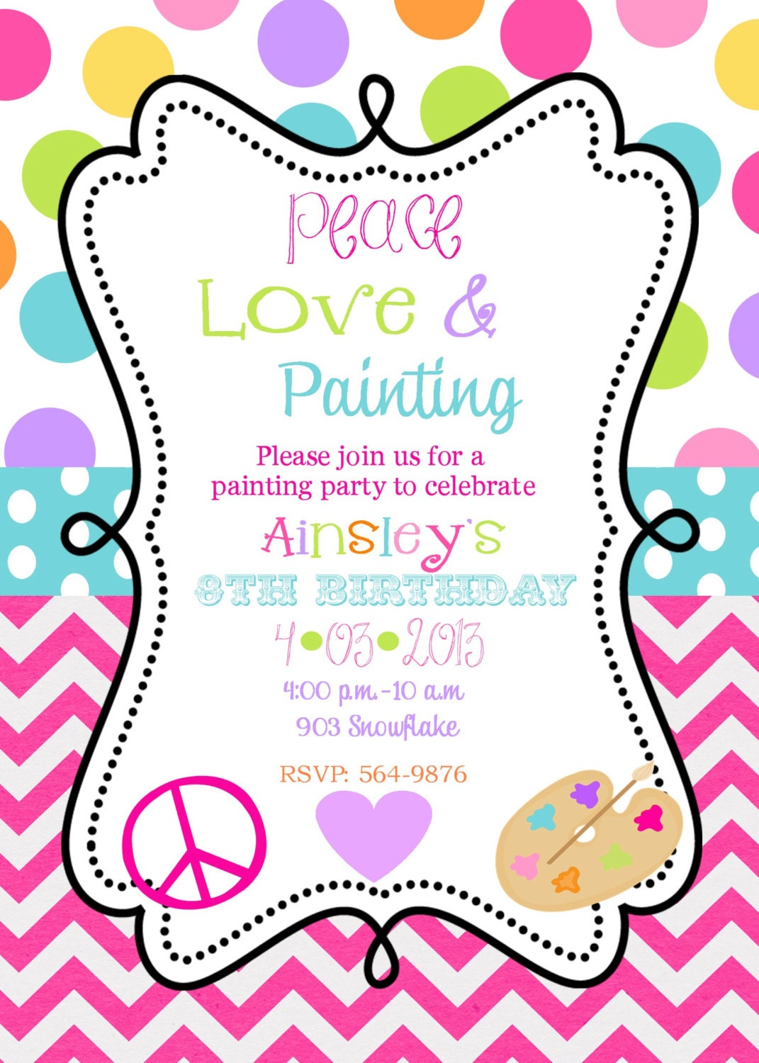 Peace Love Painting  Birthday Party Invitations, Art party printable or digital file