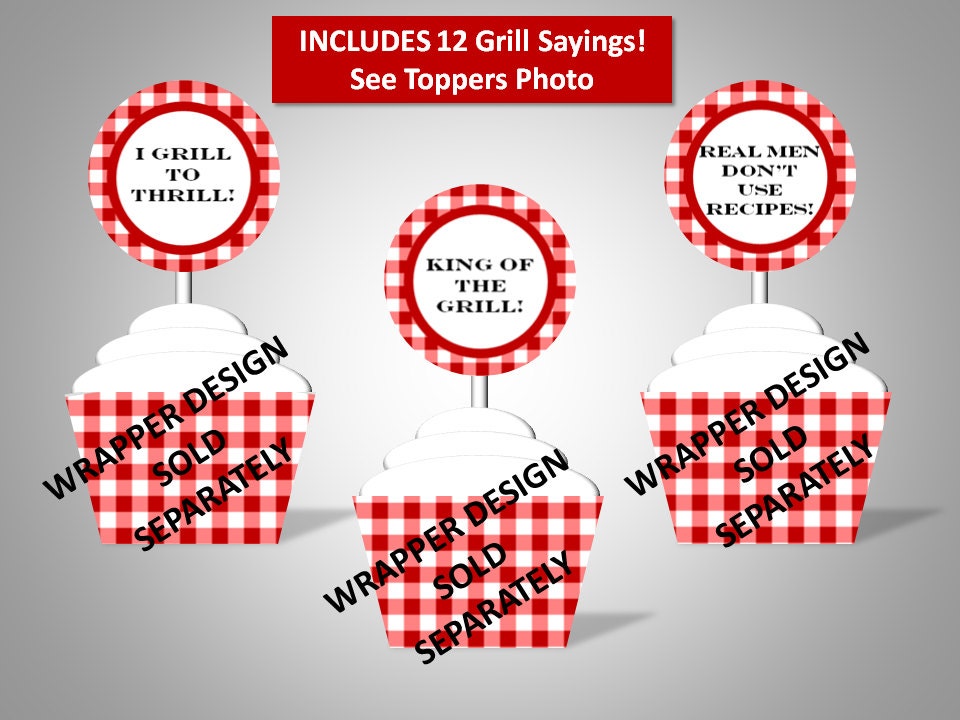 BBQ Red Gingham Cupcake Toppers - BBQ sayings - Cook Out - Picnic - DIY Printable Party Decorations - Instant Download Il_570xn