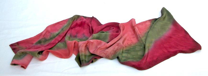 SILK SCARF Hand Painted in Pink, Red, Olive Green, OOAK Silk Crepe de Chine
