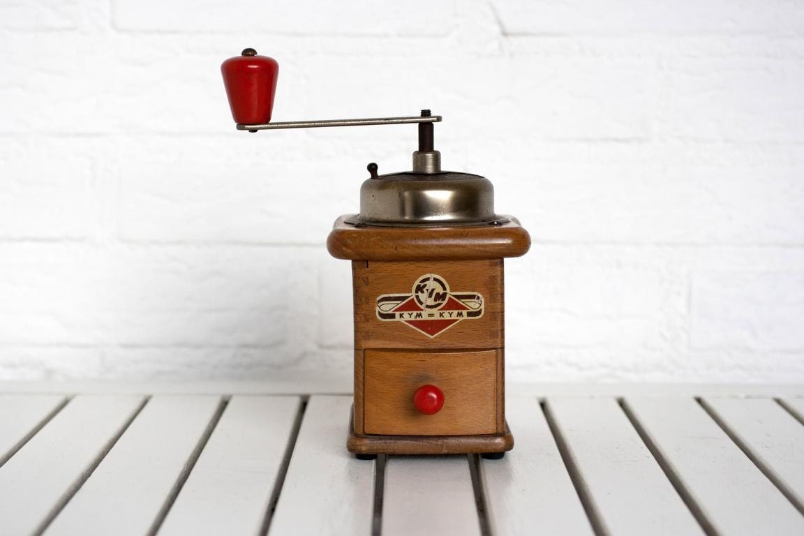 Vintage German Circa 1950s Wooden Coffee Grinder with Red Wooden Accents