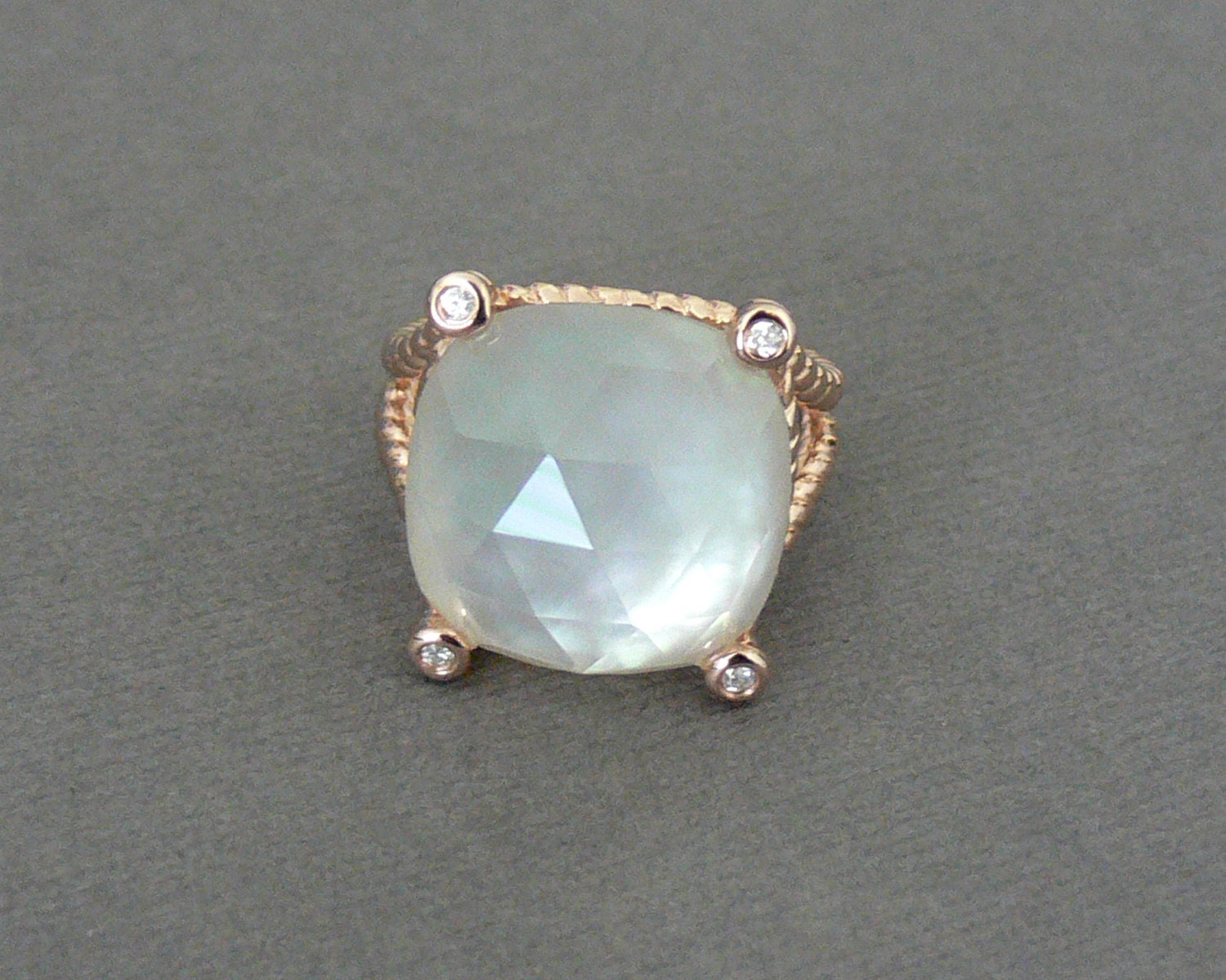 Size 7 Faceted Rose-cut Cushion White Shell Crystal 18K Vermeil Rose Gold Ring - ShowcaseJewelry