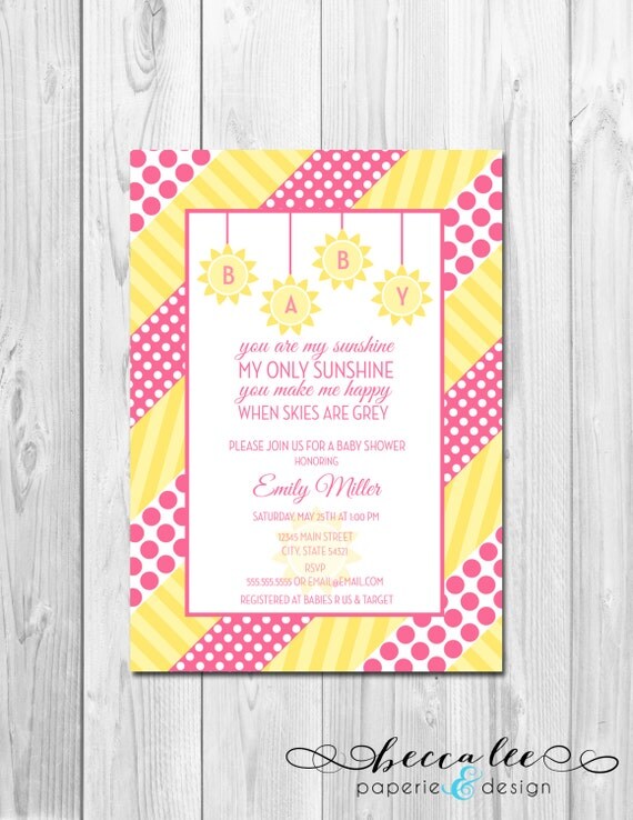 You Are My Sunshine Baby Shower Invitation - Pink and Yellow Polka Dots and Stripes - DIY - Printable Il_570xn