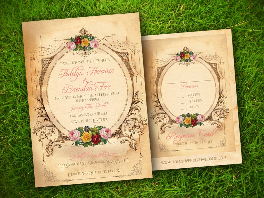 Wedding Invitation and RSVP Card Suite - Vintage Rustic Whimsical Floral Personalize Double Sided Print