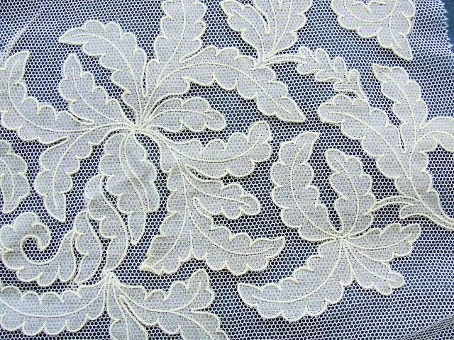 1920s Antique French Tulle Net Lace Applique Embroidered Leaf Pattern Salesmans Sample Bridal Flapper Era Downton Abbey Gatsby