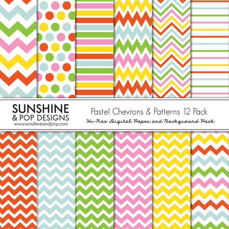 INSTANT DOWNLOAD - 12 Pastel Rainbow Chevron & Pattern Digital Papers for scrapbooking, invitations, party printables, easter, designing Il_570xn