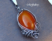 pendant with orange agate, wire wrapped, silver - GaleriaM