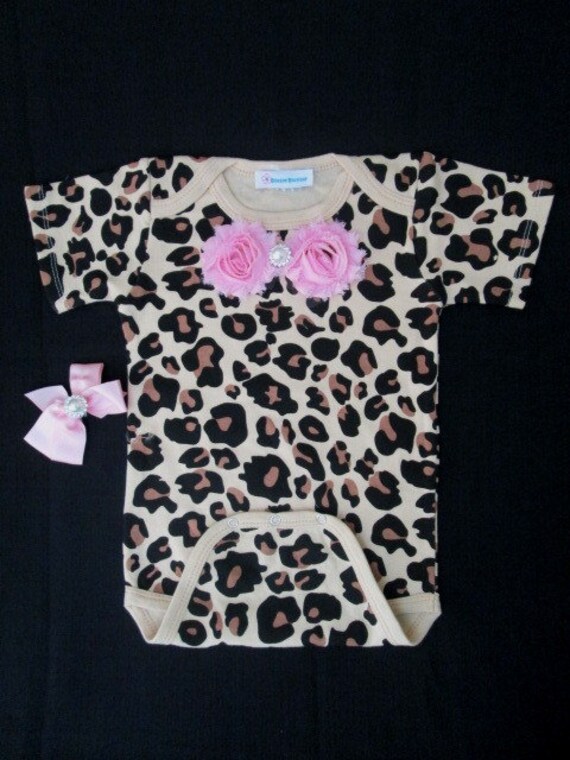 Cheetah leopard print baby girl onesie body suit with shabby chic flowers