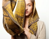 Woman scarf, hadprinted yellow and grey long shawl, art to wear by Dikla Levsky - DiklaLevskyDesign
