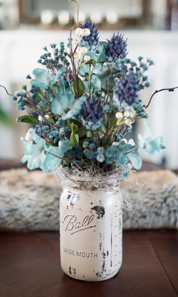 Mason Jar Painted Vase with Blue Silk Flowers by DesignsbyMJL