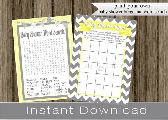 Baby Shower Bingo Game and Word Search Cards gray chevron and yellow INSTANT DOWNLOAD diy digital printable files Il_570xn