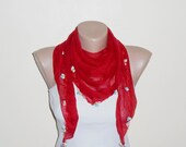 red scarf   flower  blue white cotton turkish yemeni oya handmade - DamlaScarf