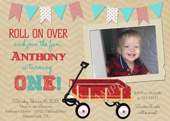 Vintage Look Little Red Wagon 1st Birthday Party Invitations - printable Il_570xn