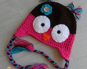 Crochet Owl Earflap Beanie / Hat / Cap for Baby / Child / Photo Prop - Acrylic & unique wooden button - Custom Handmade - MeysMadeCoolCrochet