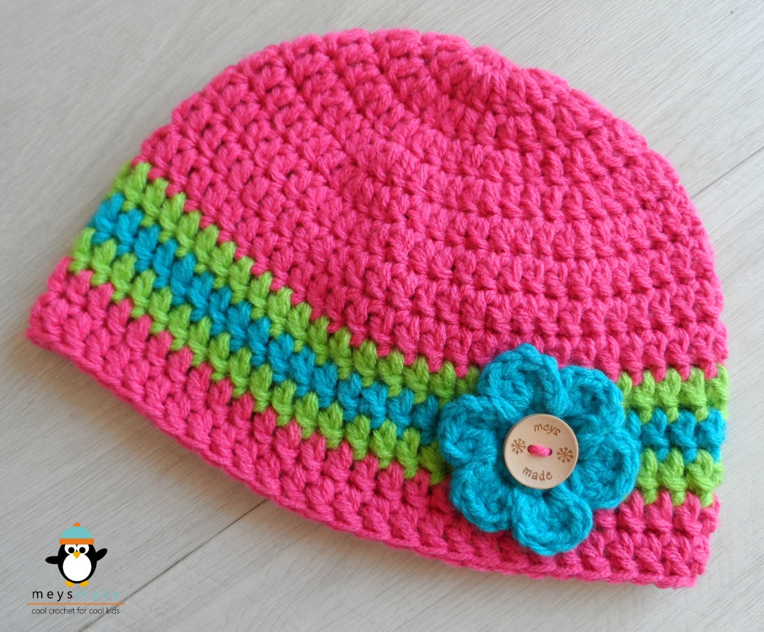 Crochet Hat Beanie - Newborn Baby - Toddler - Children - Cute Warm Kids Prop or Gift - Girls Flower Button - Custom Handmade - MeysMadeCoolCrochet