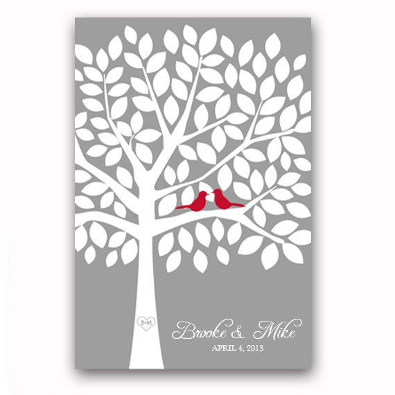 Wedding Guest Book Tree Unique Guest Book Alternative Red and Silver Gray Wedding Tree with 100 Leaves Tree Print Wedding Guestbook Poster