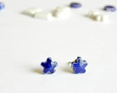 Royal Blue Ceramic Earrings Studs Tiny Dark Blue Flower Pottery - LemoneRouge
