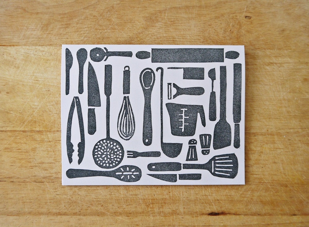 Kitchen Utensils Collage Block Print Card // Mother's by atiliay