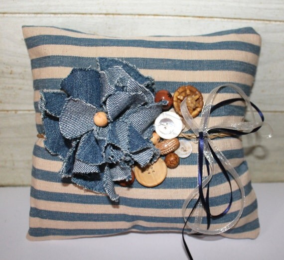 Wedding Ring Pillow - Rustic Chic - Denim - Beach Cottage - Blue - Repurposed - Vintage - Stripes