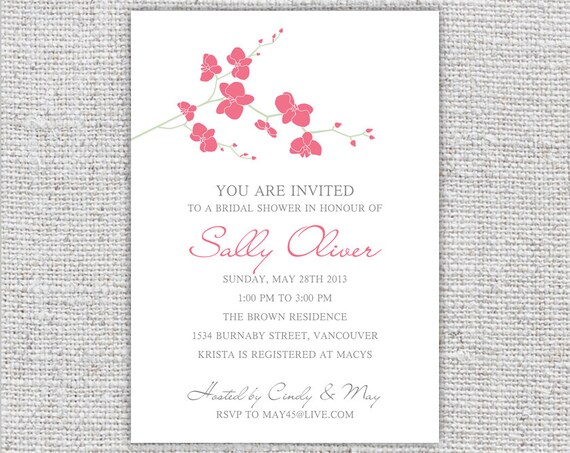 bridal shower invitation printable pink orchid flowers floral wedding ...