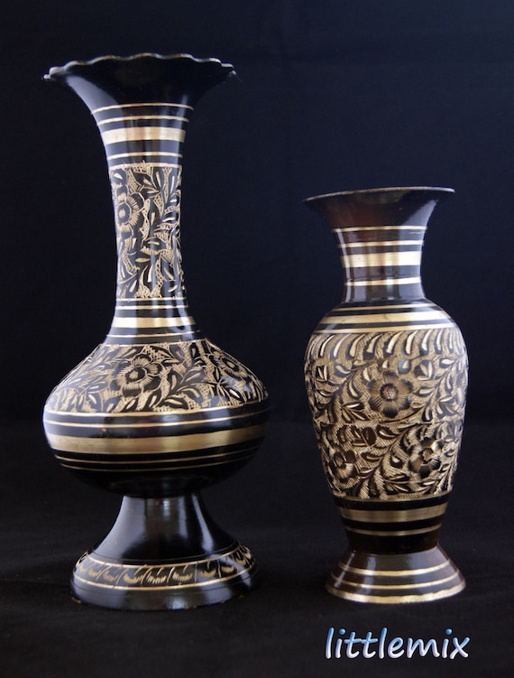 Two Vintage black brass vases with etched gold by Littlemix