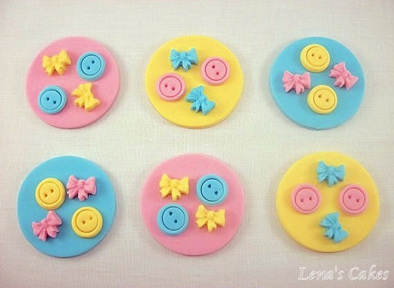 Fondant Buttons and Bows Cupcake Cake Topper, Buttons Bows Party Edible Decoration, Buttons Bows Cookie Topper, Birthday, Baby shower-12 pcs Il_570xn
