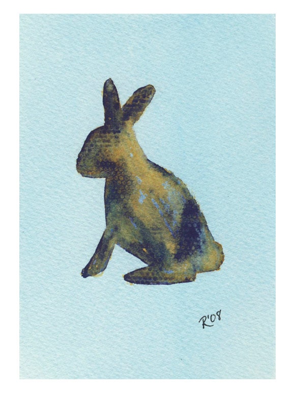 Bunny Watercolor - Archival print of Painting - light blue, purple - nursery art, woodland decor, 5 x 7 - reneeanne