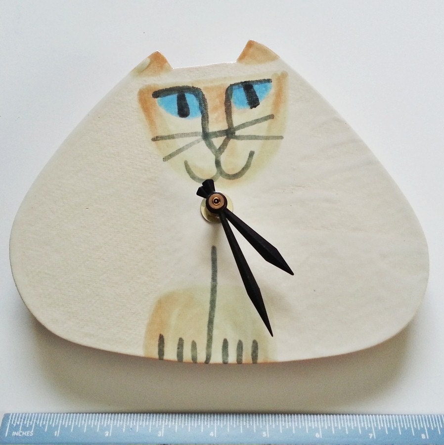 wall clock: handmade cat Flame point Siamese blue eyes ceramic USA shipping included