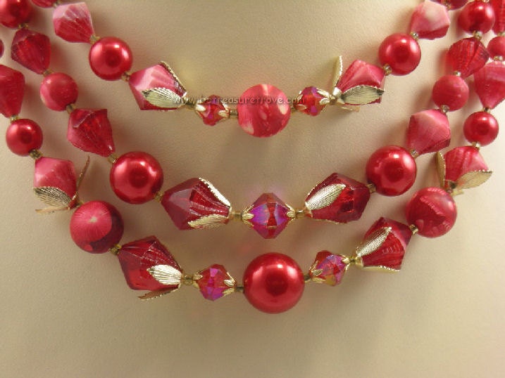 Red & Pink Necklace and Earrings Set Vintage Multi Strand Beads Hong Kong 1950s - bctreasuretrove