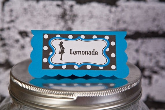 Baby Shower Food Tents - Mom to Be Theme - Menu Cards - Place Cards - Baby Shower Decorations - Aqua & Black Polka Dot - Ready to Pop (6) Il_570xn