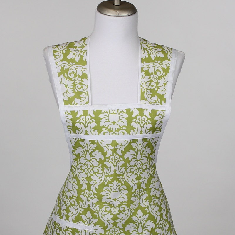 Retro Full Apron Green Damask Fabric Hostess Apron--Last One