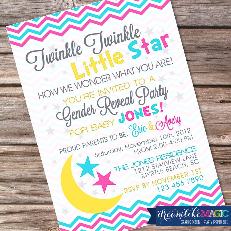 Gender Reveal Twinkle Twinkle Little Star Invitation with Stars Moon Pink or Blue Invite Boy or Girl Baby Reveal Printable Il_570xn