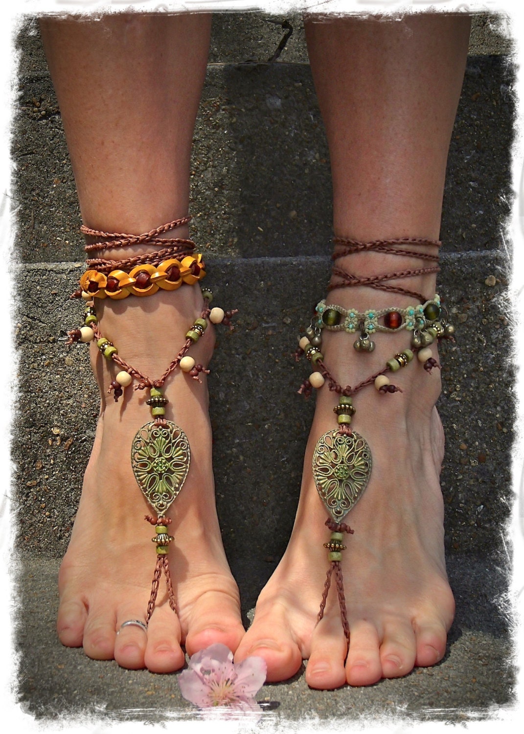 Woodland Fairy Barefoot Sandals Pea Green Tribal Anklets Gypsy