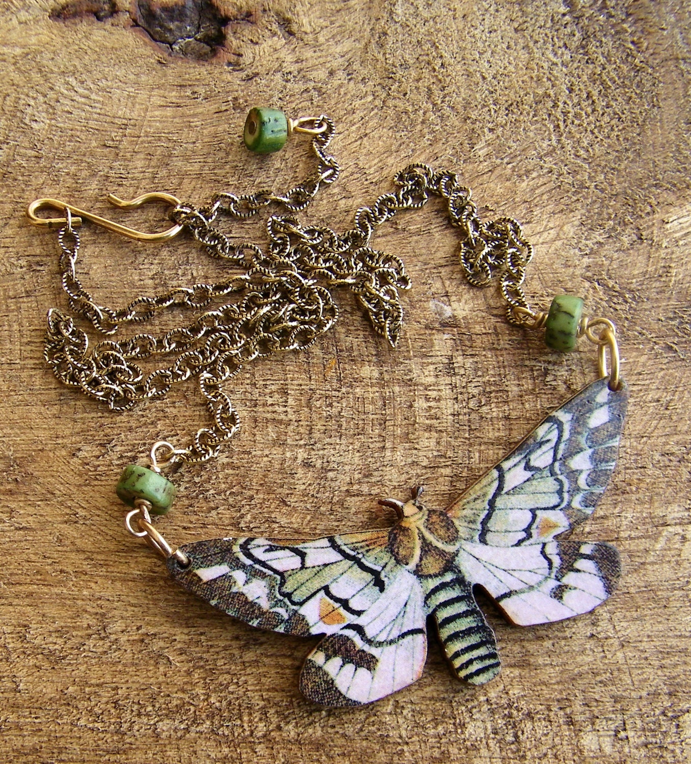 Wooden Moth or Butterfly Necklace.Vintage Postcard lithograph litho pendant.
