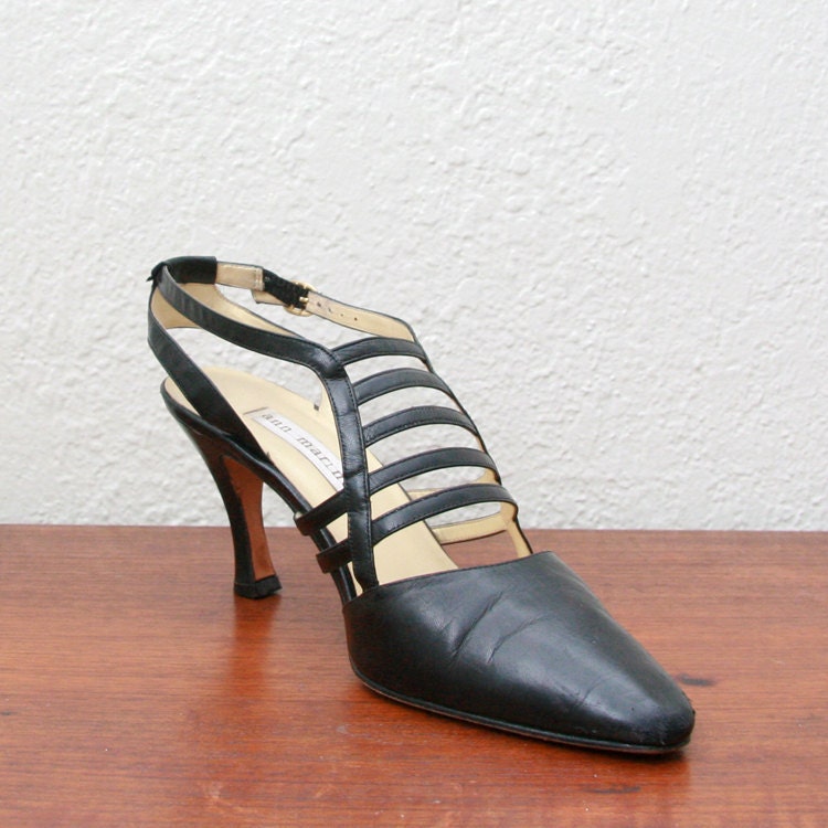 Vintage 90s Black Leather Cage Heels 8 1/2