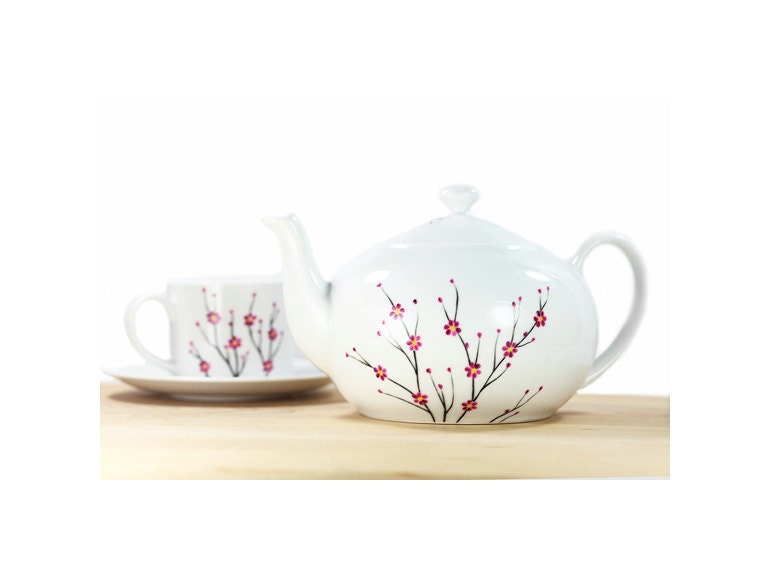 White Ceramic Teapot hand painted blooming cherry tree pink black minimal modern botanical kitchen decor decorative art - SylwiaGlassArt White Ceramic Teapot hand painted blooming cherry tree pink black minimal modern botanical kitchen decor decorative art - SylwiaGlassArt