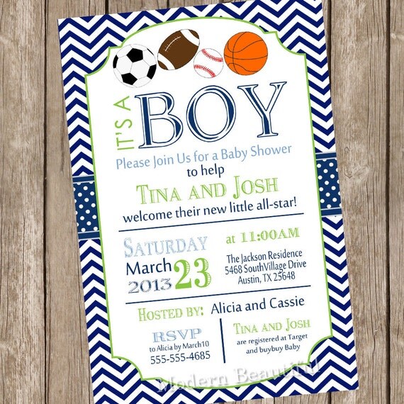Chevron All star It's a boy baby shower invitation, football, soccer, baseball, basketball, lime, navy, printable, digital file Il_570xn