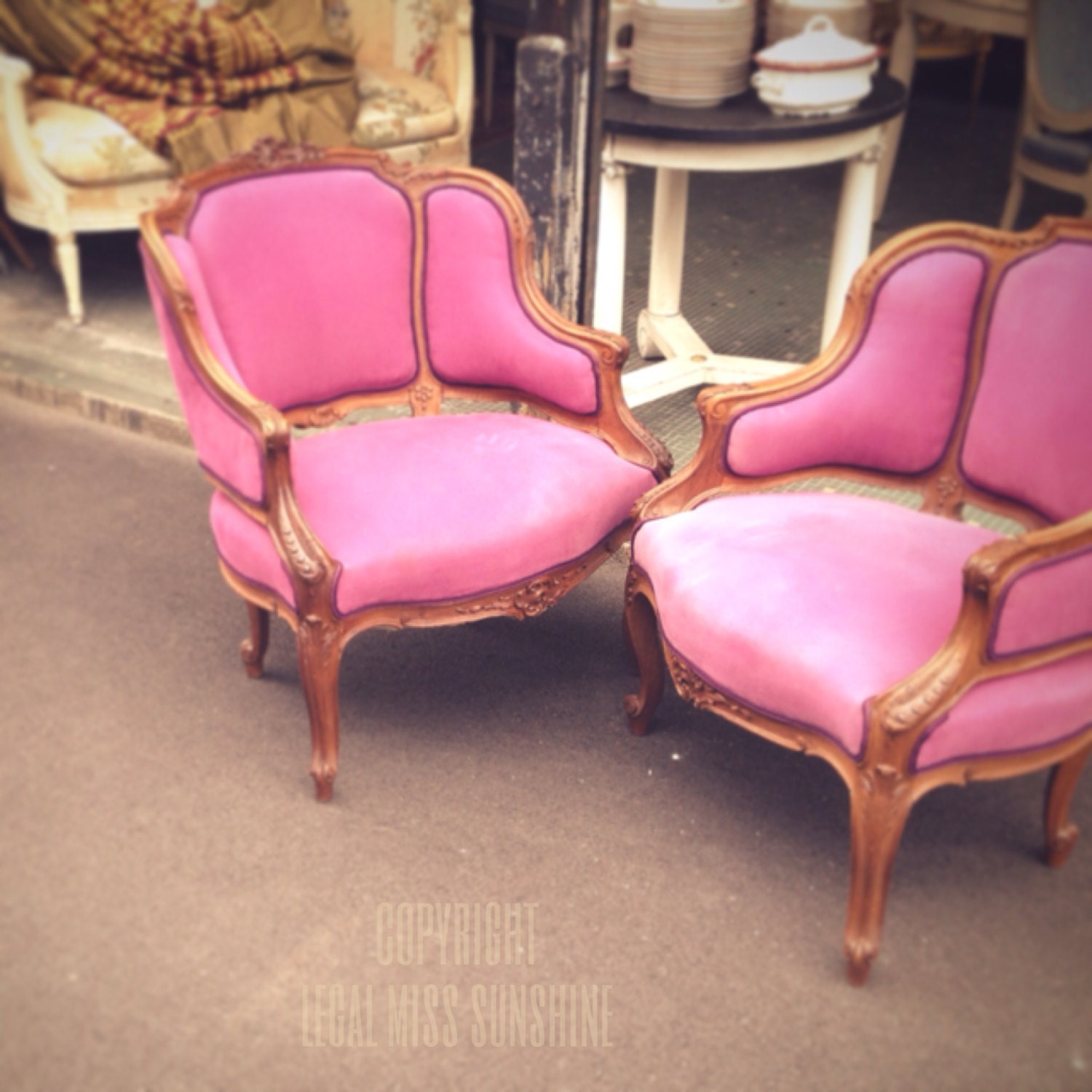 paris flea market photography: 5x5 of two amazing pink chairs - LegalMissSunshine