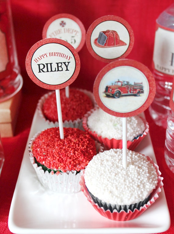 Firetruck Party Circles/Cupcake Toppers - Boys Birthday Party - DIY PRINTABLE FILE by Sassaby Il_570xn
