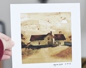 The Farm House- Watercolor and Coffee Painting-  Square Format Art Print- Ready to Ship - meganballi