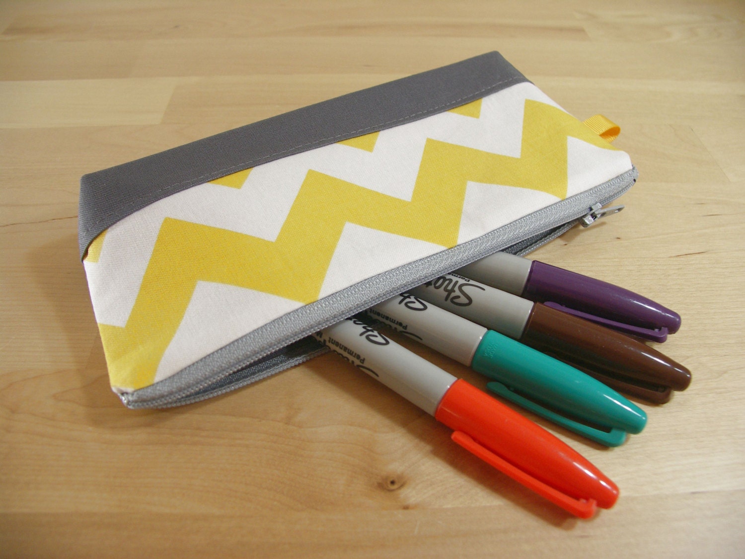 SALE Pencil Case, Zipper Pouch, Small Cosmetic Bag in Bright Yellow Chevron - back to school