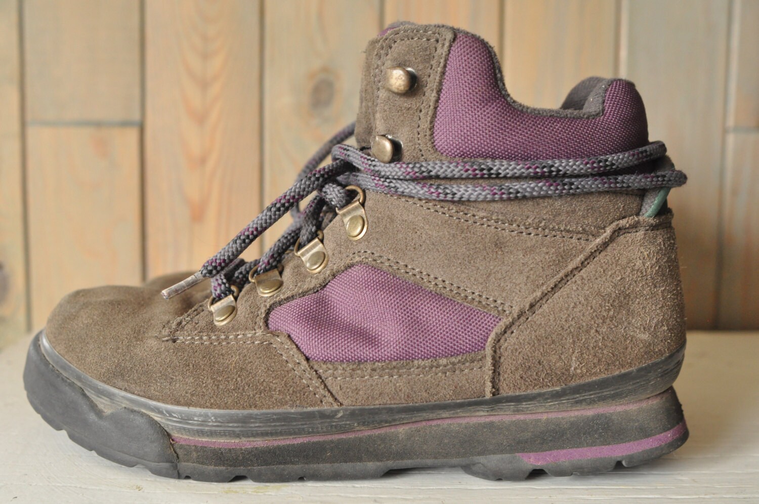 Items similar to vtg womens hiking boots, purple and brown, lace up
