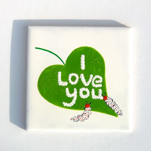 Caterpillars In Love Tile Coaster, Romantic, Quirky, Caterpillar Butterfly Gift, Green Garden Leaf Coaster - freespiritdesigns2