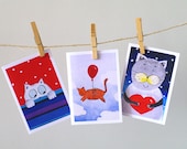 Funny animal card set of 3 / Cat painting greeting card set of 3 / Cute kitten Happy Birthday card set for children / I love you card - AstaArtwork
