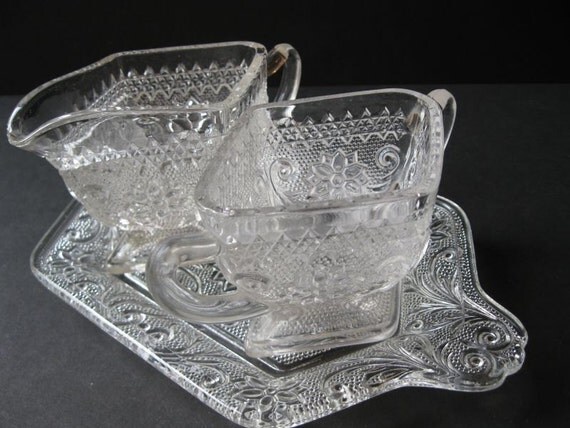 Items similar to Vintage Pressed Glass Sugar Creamer and tray shabby
