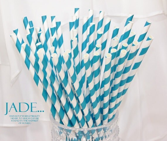 JADE Paper Straws, 50 Jade Blue-Green Striped Paper Straws, Mermaid Party, Wedding, Events, Cake Pops, Pixie Sticks Il_570xn